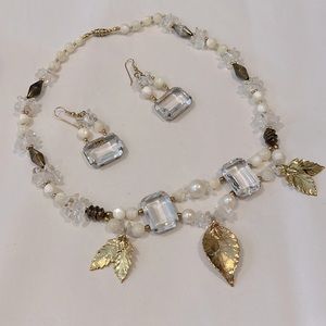 Vintage necklace & earrings with mother of Pearl & large glass faceted bead